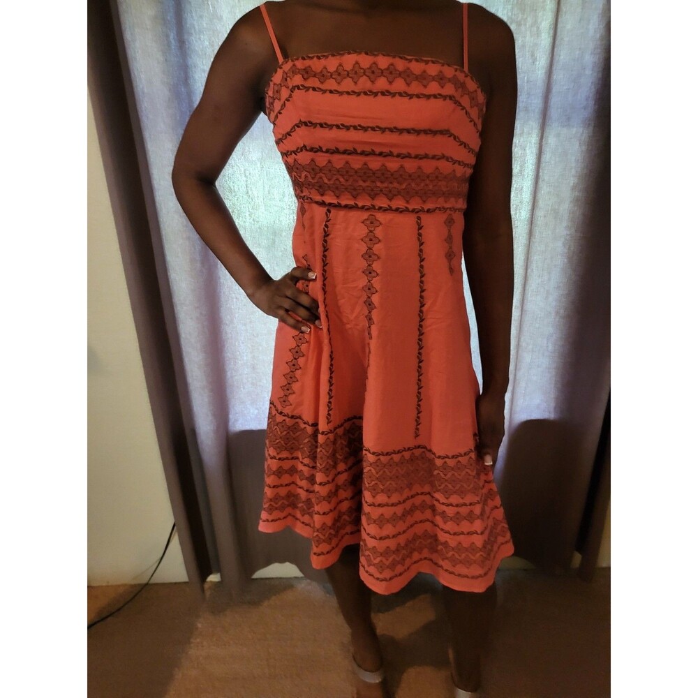 BCBGMAXAZRIA Dress  Womens Small Coral Brown Embroidered Tie Back Sun Dress